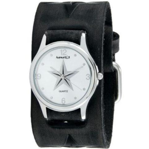 Silver Vintage Punk Rock Star Watch with Faded Black Embossed Leather Cuff Band 355FST-S