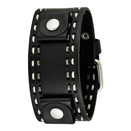 Black Double Stitch Leather Cuff Watch Band 22mm KDSTH
