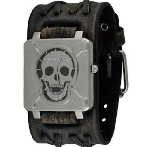 VDXB930K-2-350x500SilverBlack Cross Bones Skull Watch with Wide Faded Black Double X Leather Cuff Band VDXB930K