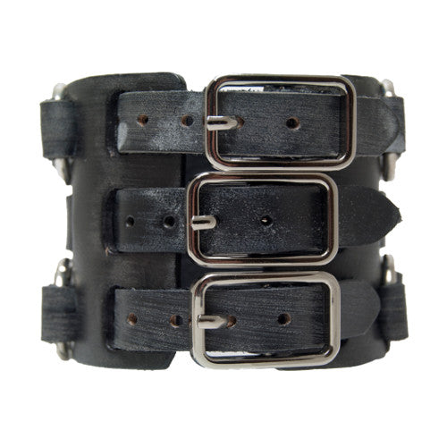 Nemesis Dragon Series Sapphire Crystal Glass with Black Three Buckle Leather Cuff Band, FWB250D-back