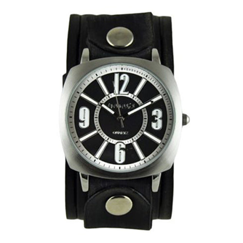 Black Comely Watch with Black Vintage Embossed Stripes Leather Cuff Band VEB110K