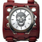 Skull Silver Watch with Studded Ring Distressed Red Leather Triple Strap Cuff