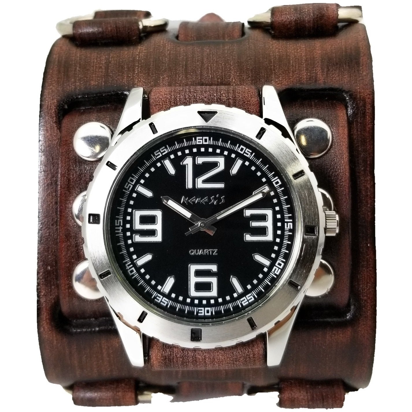 Groovy Black Watch with Ring Distressed Dark Brown Leather Triple Strap Cuff  BFWB096K