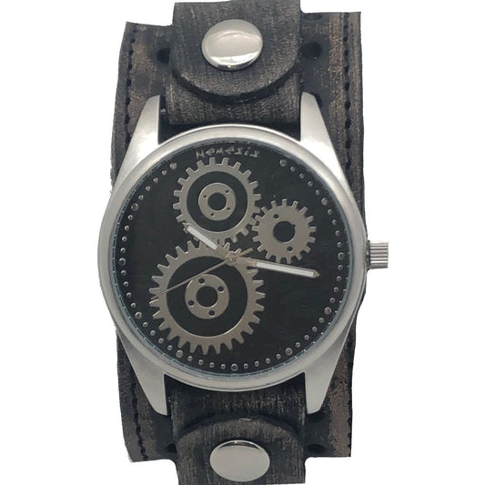 Geared Black Watch with Stitched Perforated Distressed Black Leather Cuff VBS112K