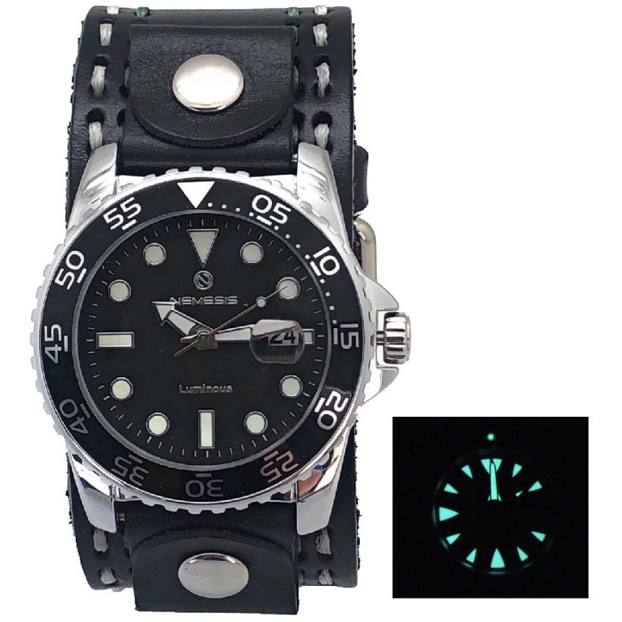 Moonwalker Luminous Black Diver with White Stitched Black Leather Cuff