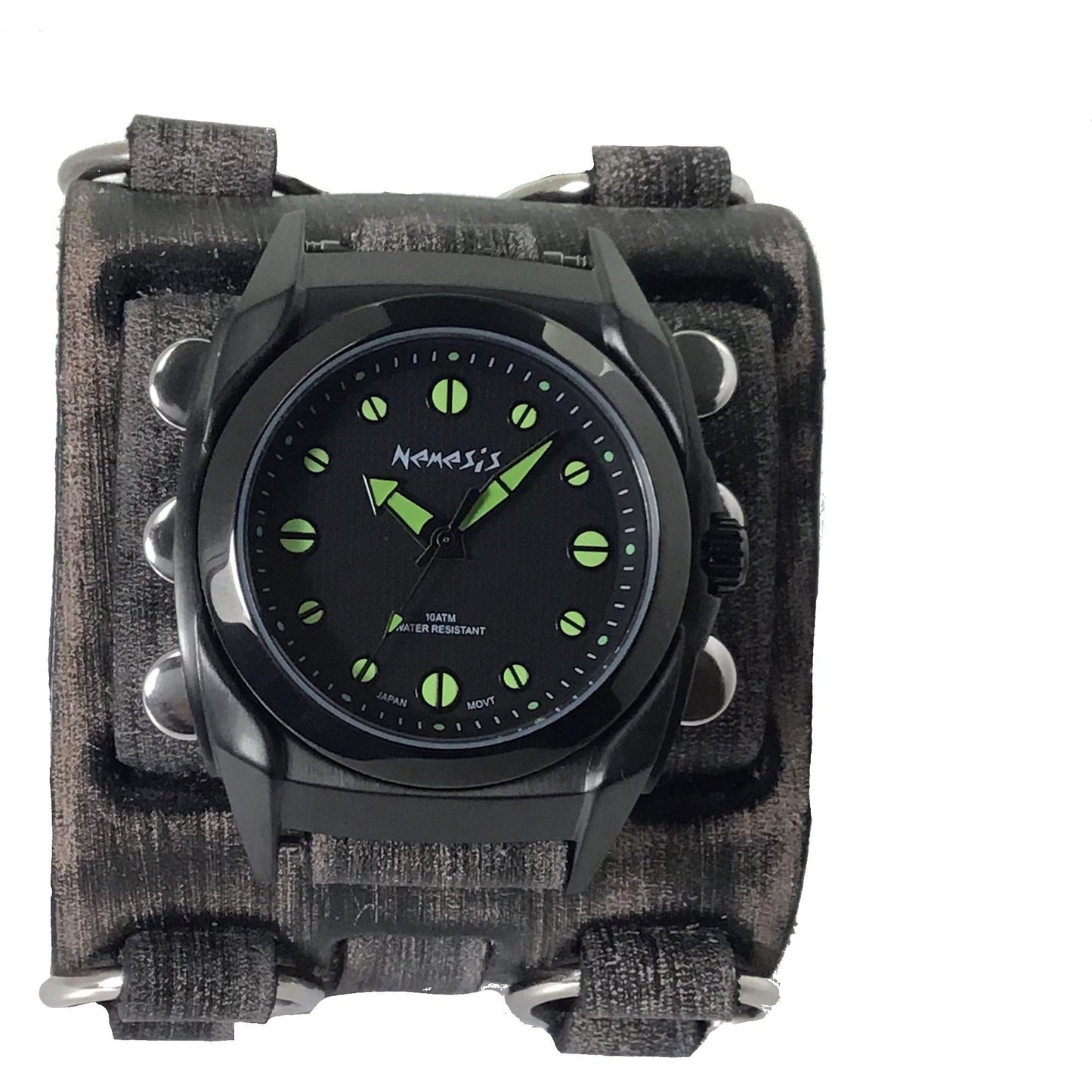 Eternity Black/Green Watch with Distressed Black Leather Triple Strap Cuff