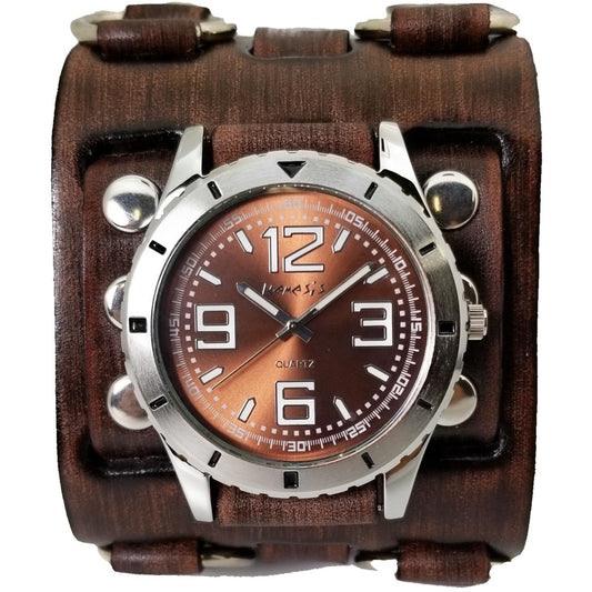 Sporty Racing Brown Watch with Bullet Ring Distressed Brown Leather Triple Strap Cuff