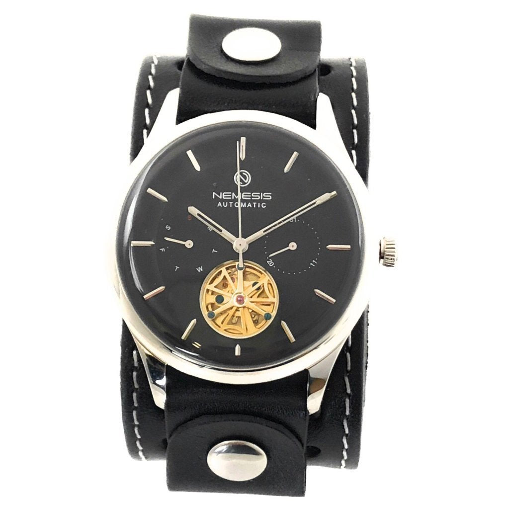 Tourbillon Day/Night Black and Silver Hand Watch with Stitched Black Leather Cuff