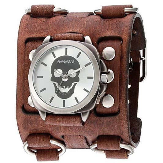 Skull Head Silver Watch with Ring Distressed Brown Leather Triple Strap Cuff