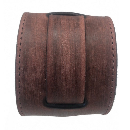 Stitched Distressed Brown Leather Wide Cuff