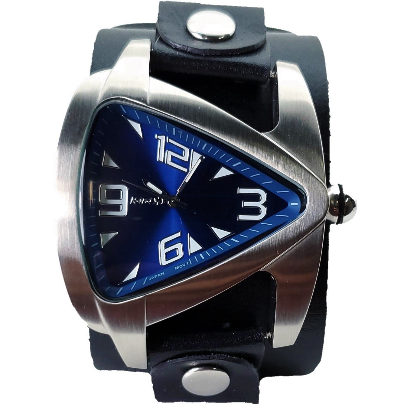 Teardrop Deep Blue Watch with Perforated Black Leather Wide Cuff
