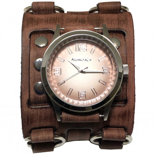 Gradient Pointium Brown Watch with Ring Distressed Brown Leather Triple Strap Cuff