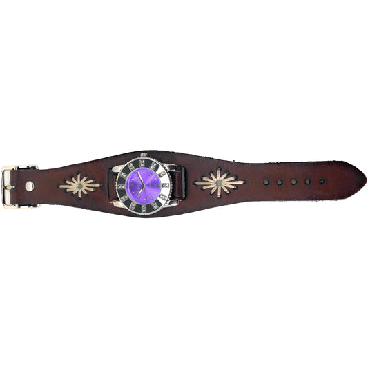 Crystal Showgirls Purple Ladies Watch with Diamond Stitched Dark Brown Leather Cuff BBF311P