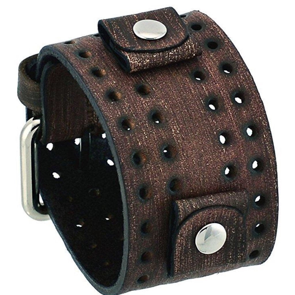 Double Perforated Distressed Brown Leather Wide Cuff VLH-B