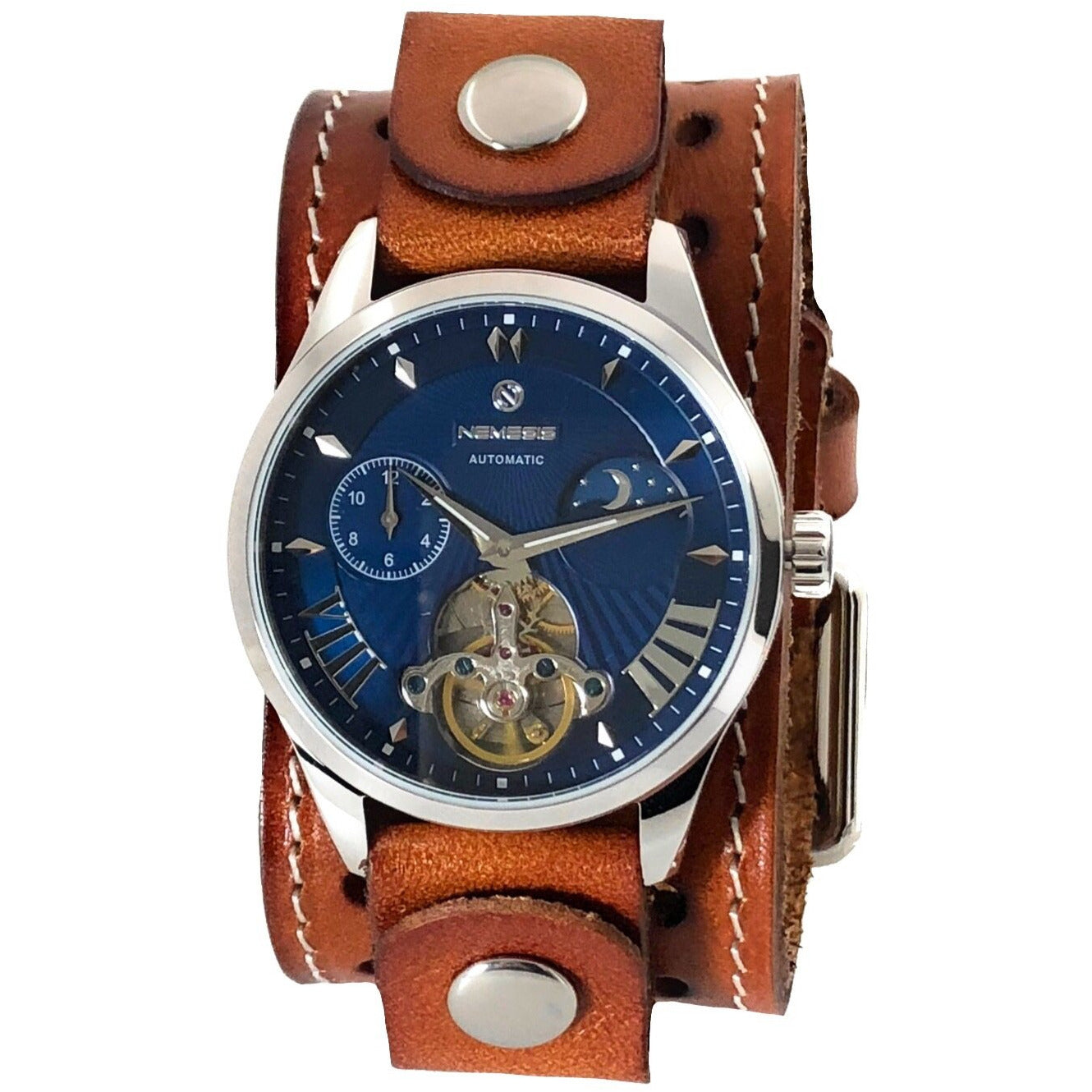 Tourbillon Day/Night Blue and Silver Hand Watch with Stitched Khaki Leather Cuff