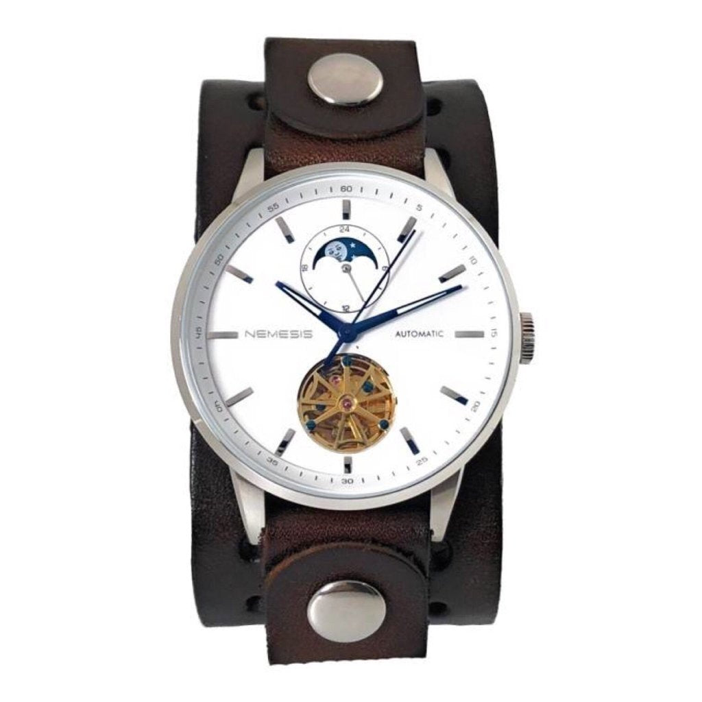 Tourbillon Day/Night White and Blue Hand Watch with Dark Brown Leather Cuff