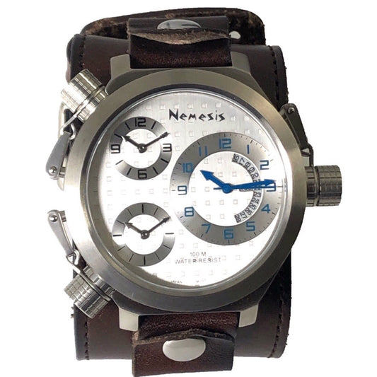 Silver/Blue 3-Zone Stainless Steel Watch with All Dark Brown XL Stitch Leather Cuff Band DBLBB080SL
