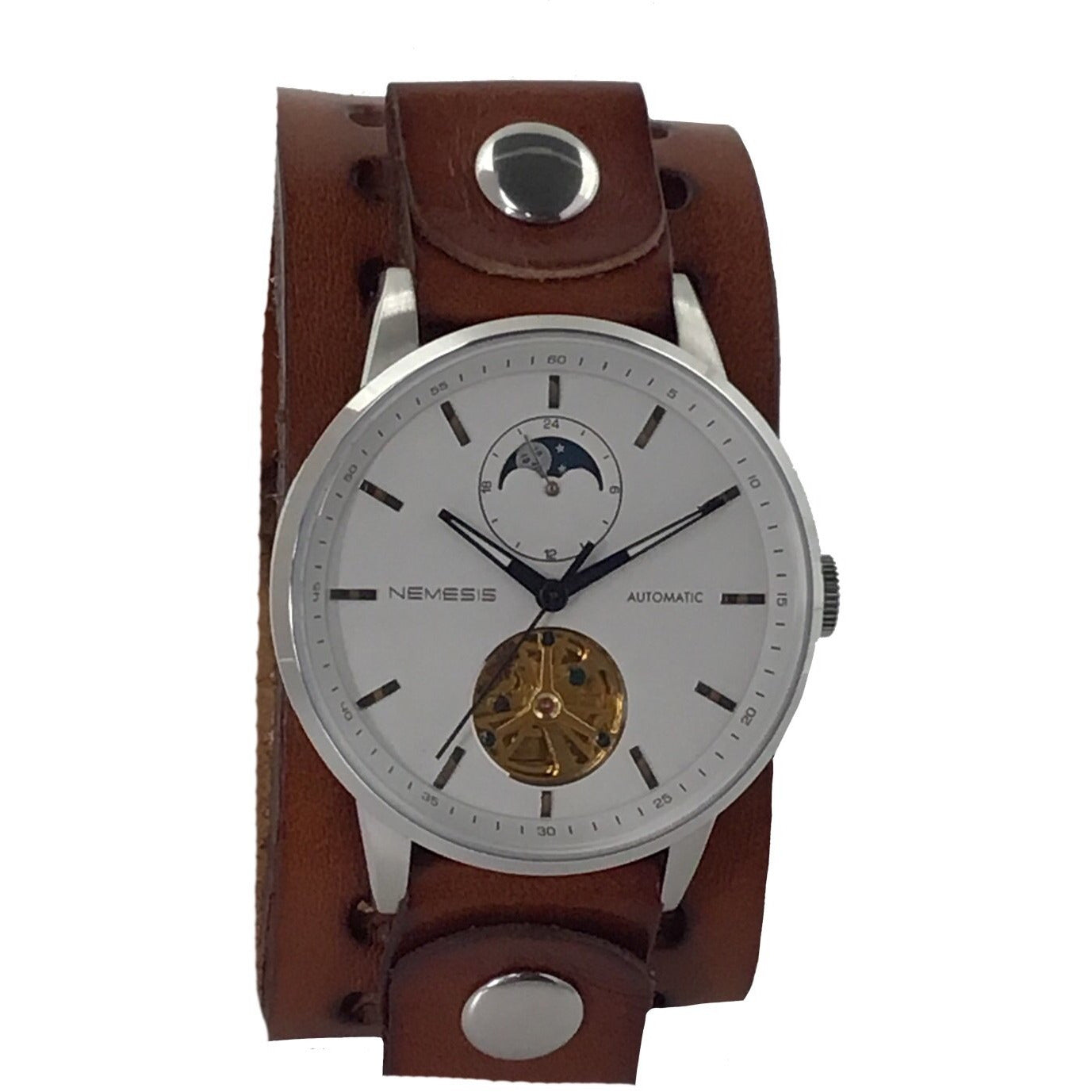 Tourbillon Day/Night White and Black Hand Watch with Perforated Brown Leather Cuff