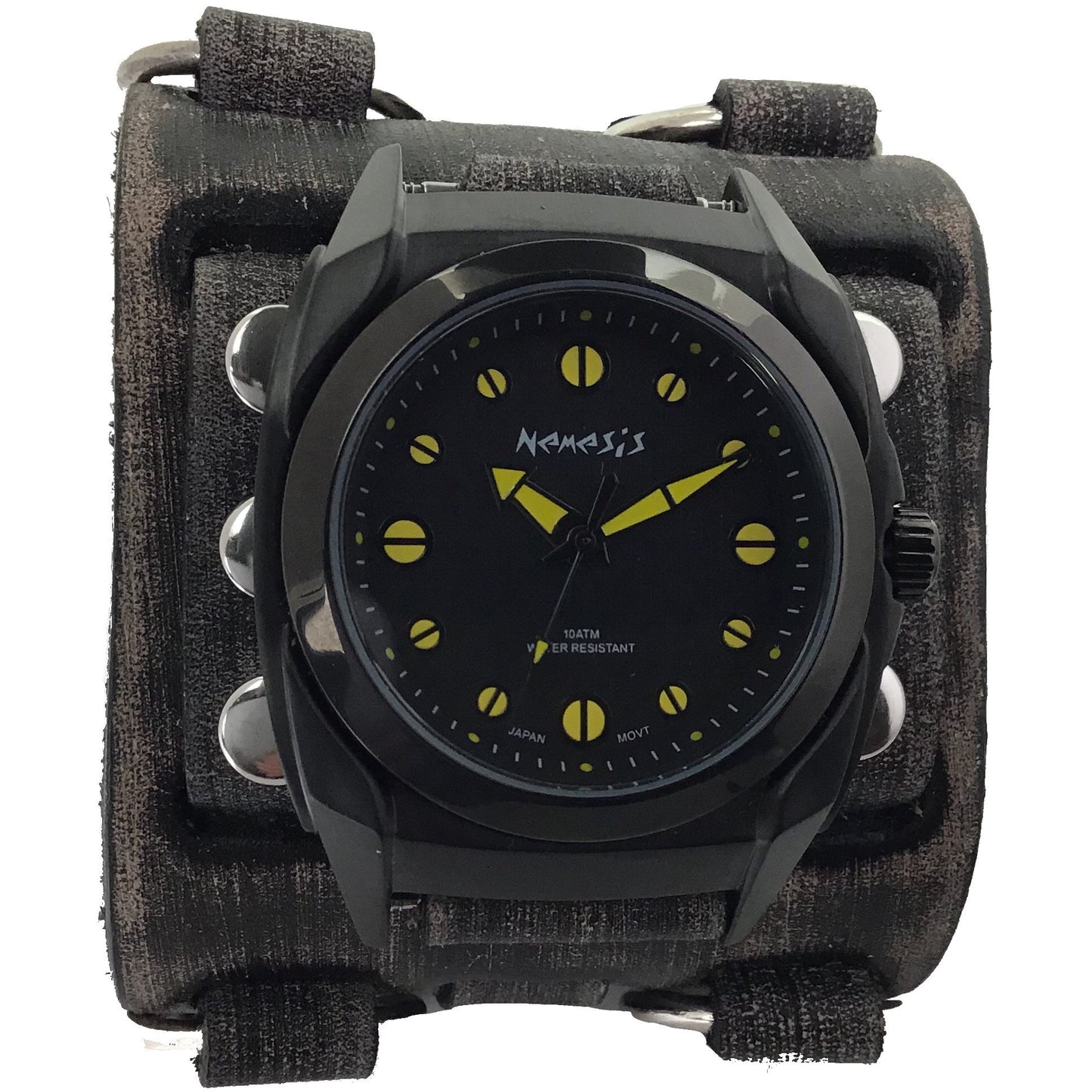 Eternity Black/Yellow Watch with Distressed Black Leather Triple Strap Cuff
