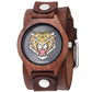 Tiger Face Natural Wood Watch with Distressed Brown Leather Cuff