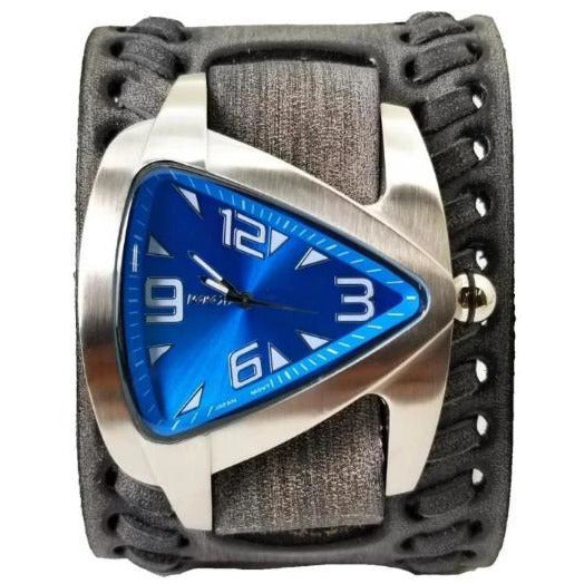 Teardrop Blue Watch with Weaved Distressed Black Leather Wide Cuff