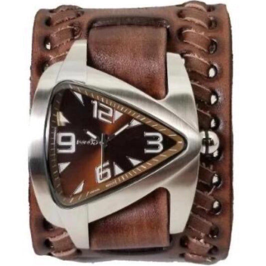 Brown Teardrop Watch with Faded Brown Wide Weaved Vintage Style Leather Cuff Band VBDB011B