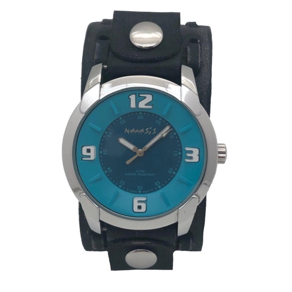 Embossed 3D Turquoise/Deep Blue Watch with Perforated Dash Distressed Dark Brown Leather Cuff