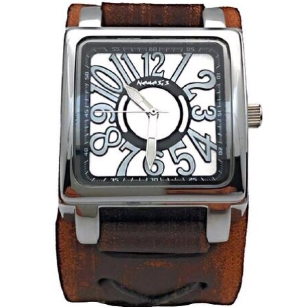 Nemesis Unix square case 3 D dial watch with Brown Vintage x cuff leather band BFXB256S
