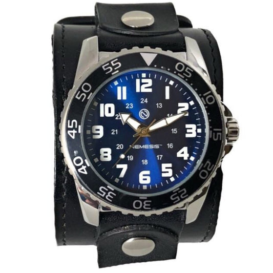 Hybrid Diver Blue/White Watch with Stitched Black Leather Wide Cuff