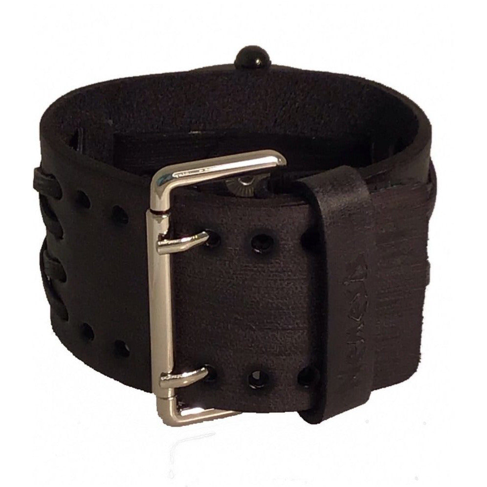 Teardrop Black Watch with Double X Distressed Black Leather Wide Cuff