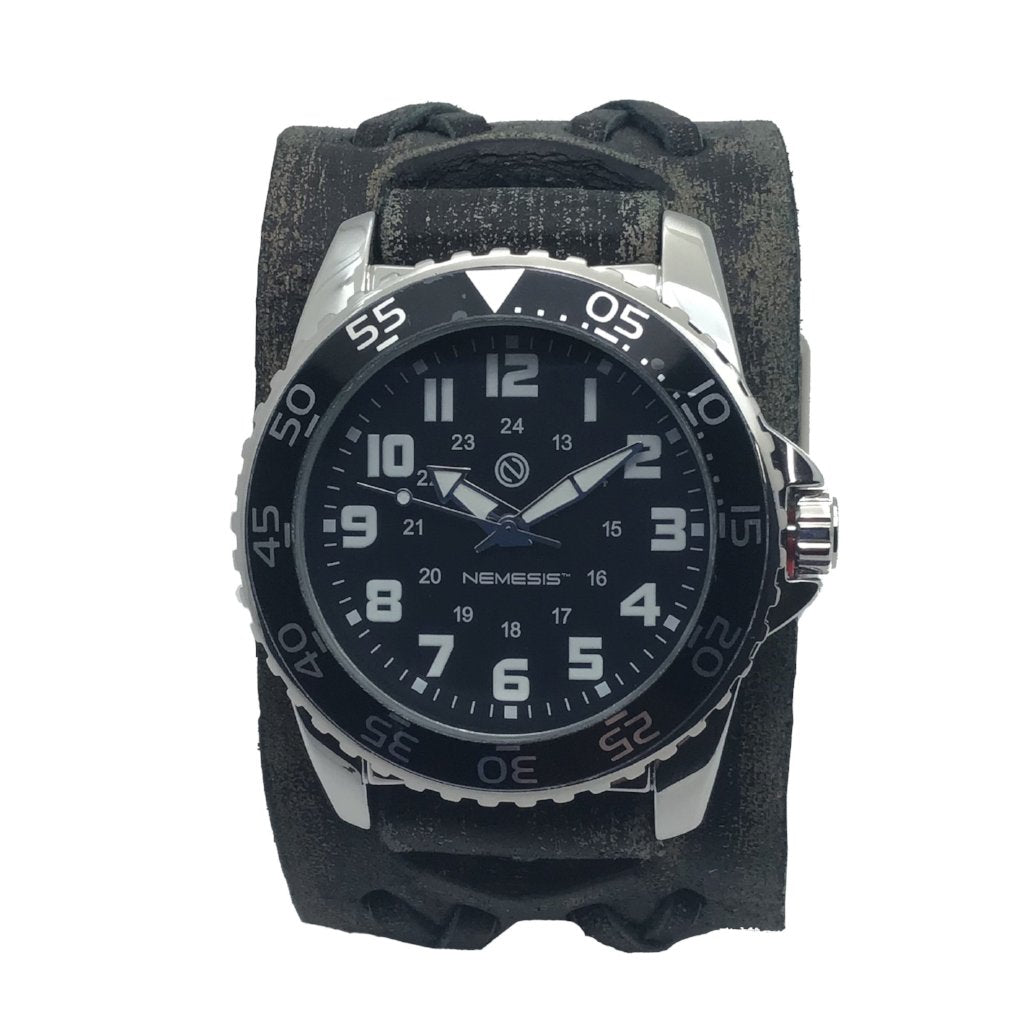 Hybrid Diver Black/White Watch with Double X Distressed Dark Brown Leather Wide Cuff