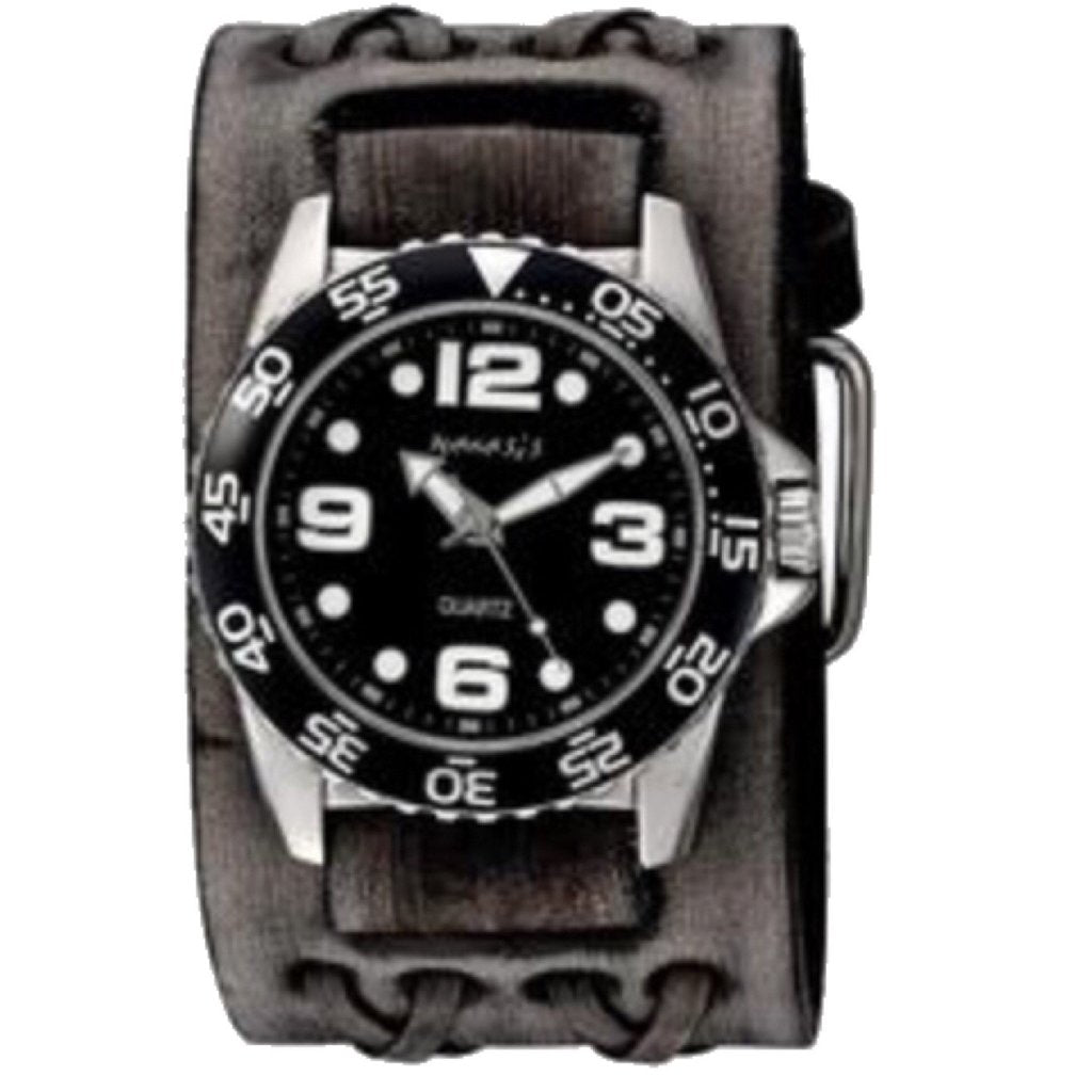 Groovy Black Watch with Double X Distressed Charcoal Leather Wide Cuff VDXB097K