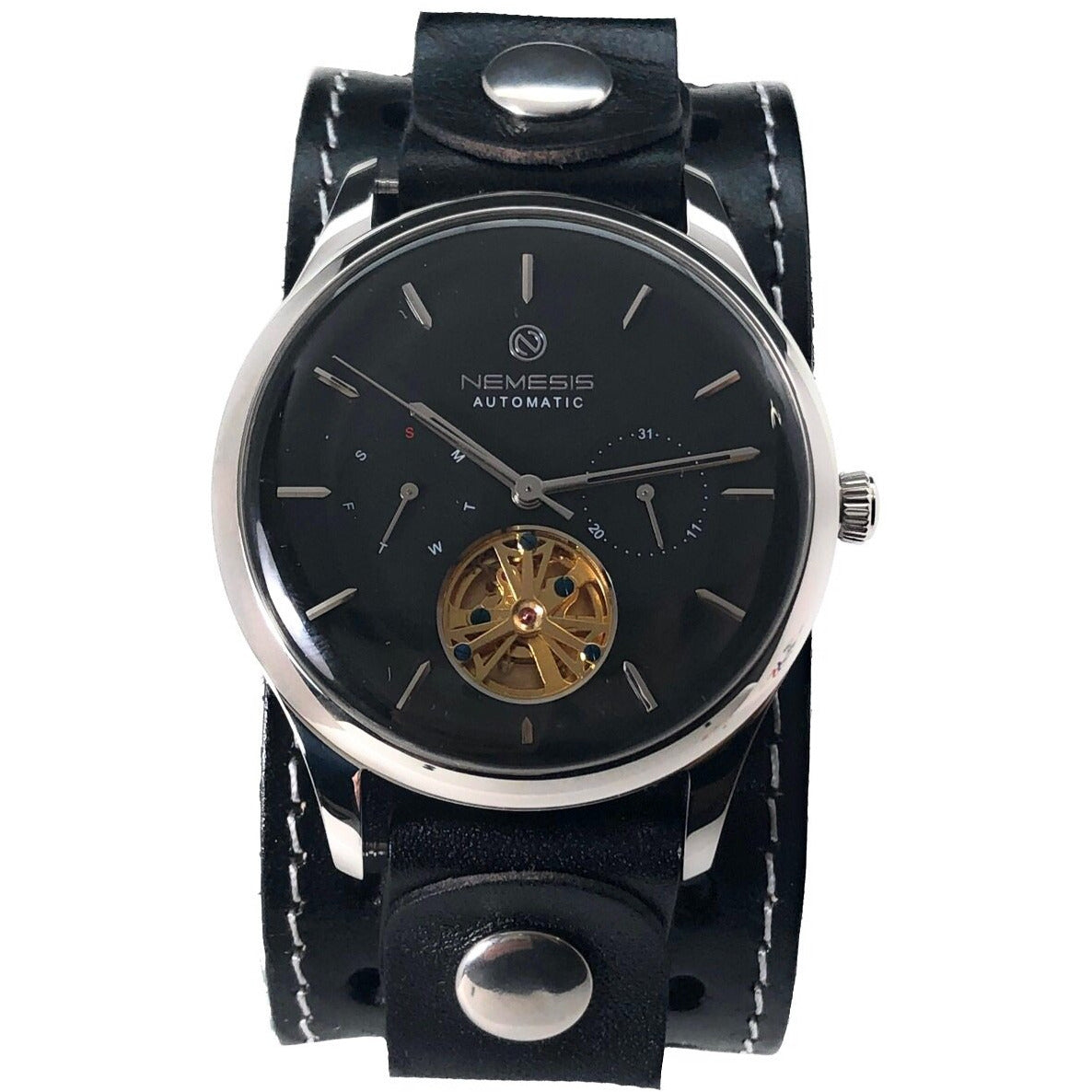Tourbillon Day/Night Black and Silver Hand Watch with Stitched Black Leather Cuff