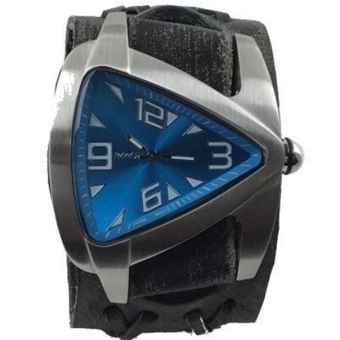 Teardrop Blue Watch with Distressed Black Leather Wide Cuff