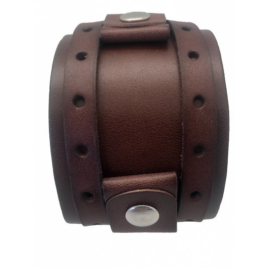 Perforated Brown Leather Double Strap Cuff