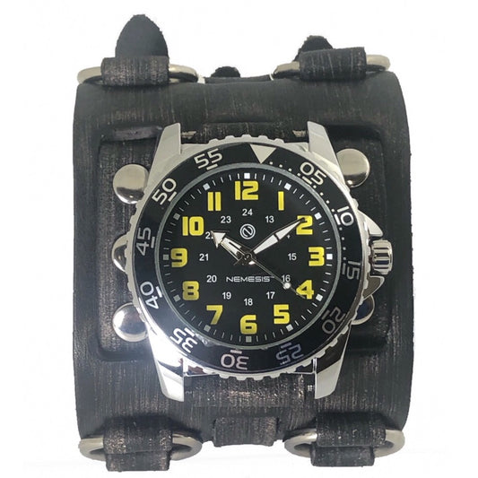 Hybrid Diver Black/Yellow Watch Bullet with Ring Distressed Charcoal Leather Triple Strap Cuff