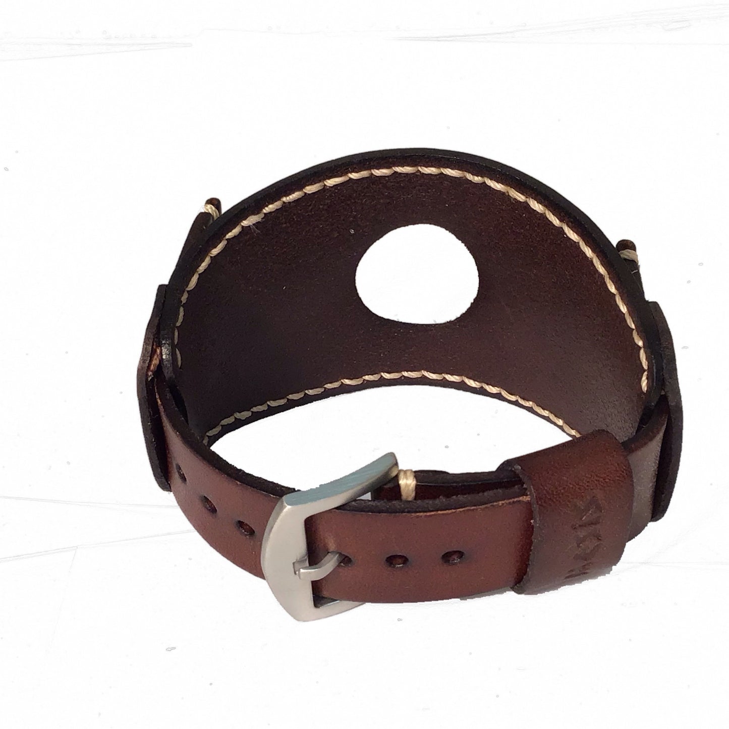 Smart Watch White Stitched Brown Leather Cuff
