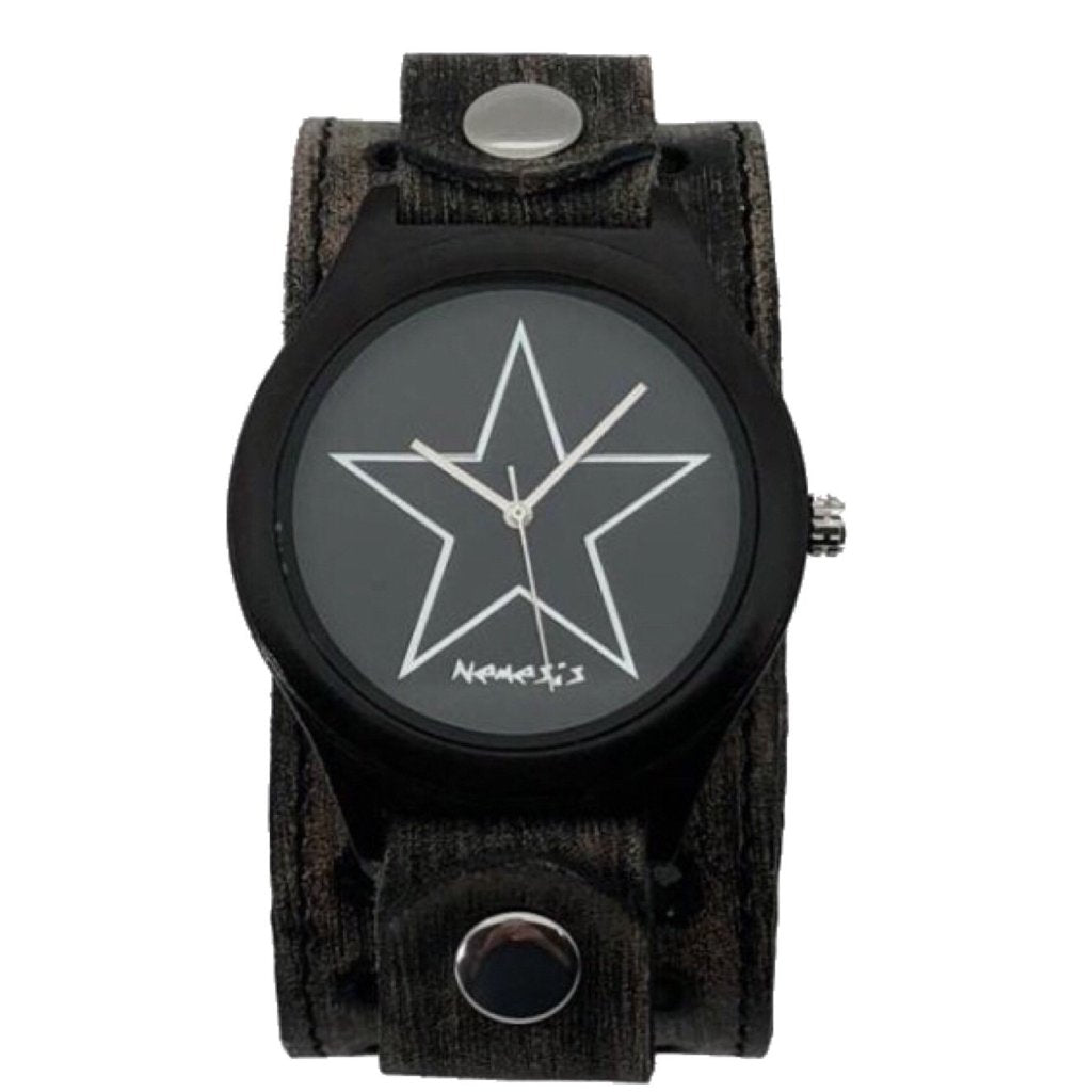 Star Grey/White Natural Wood Watch with Distressed Black Leather Cuff