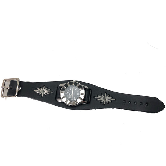 Crystal Showgirls Black Ladies Watch with Diamond Stitched Black Leather Cuff BF311K