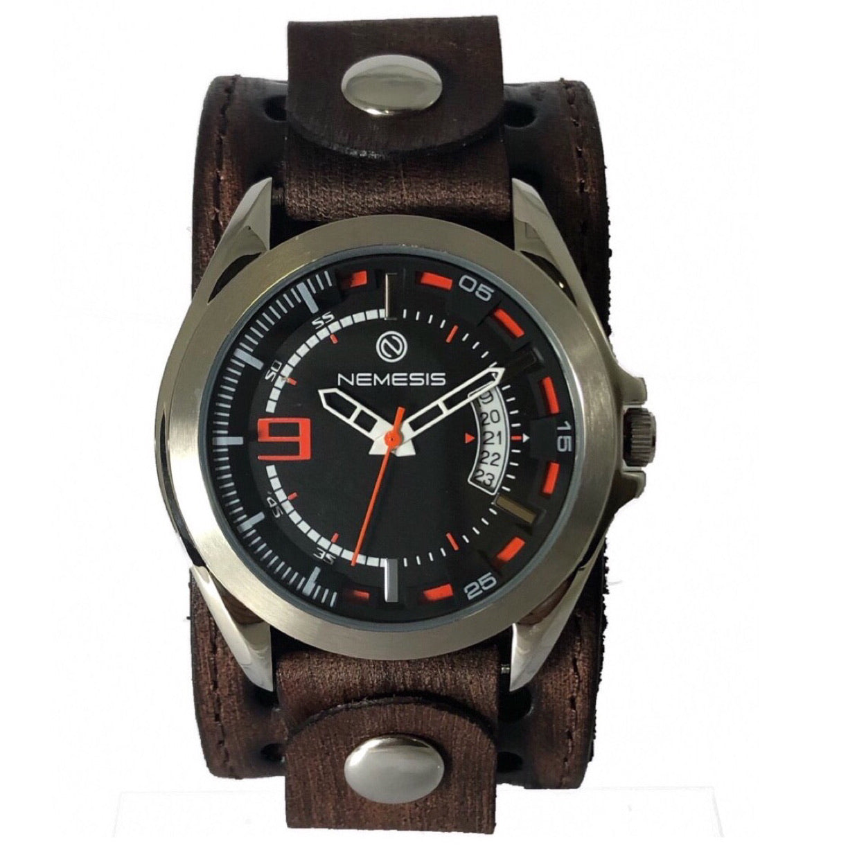 Sully Black/Orange Watch with Stitched Distressed Dark Brown Leather Cuff