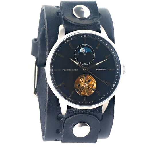 Tourbillon Day/Night Blue and White Hand Watch with Perforated Black Leather Cuff