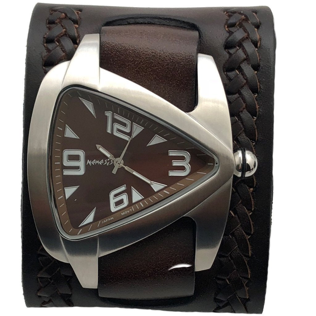 BNWA011B teardrop Stainless Steel Triangle watch with Brown weaved leather cuff band
