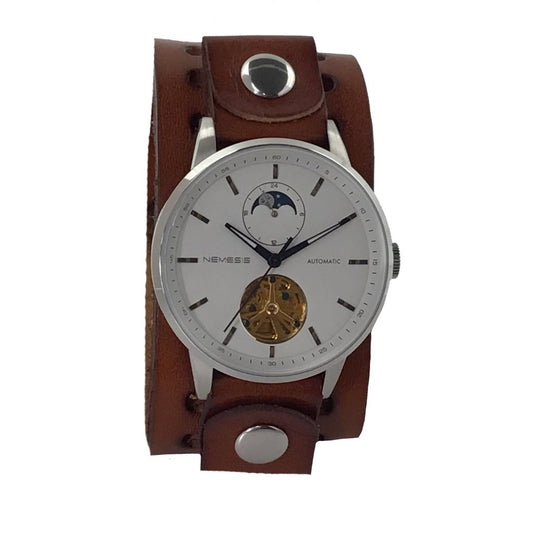 Tourbillon Day/Night White and Black Hand Watch with Perforated Brown Leather Cuff