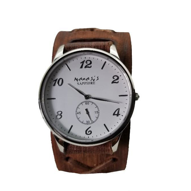 Sapphire Crystal Small Seconds White Watch with Distressed Brown Leather Cuff