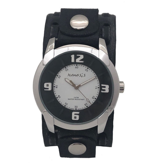 Embossed 3D Black/White Watch with Perforated Dash Distressed Black Leather Cuff