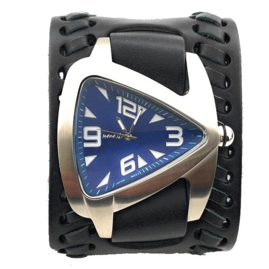 Teardrop Deep Blue Watch with Weaved Black Leather Wide Cuff