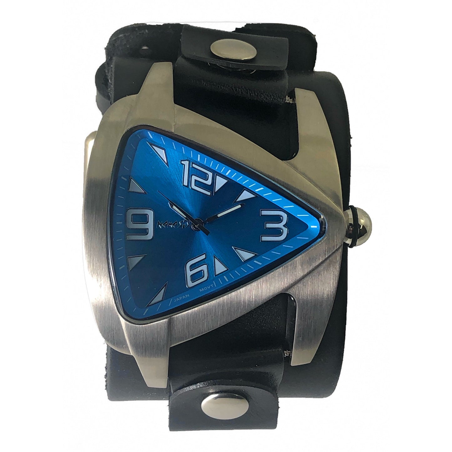 Teardrop Blue Watch with Perforated Black Leather Wide Cuff