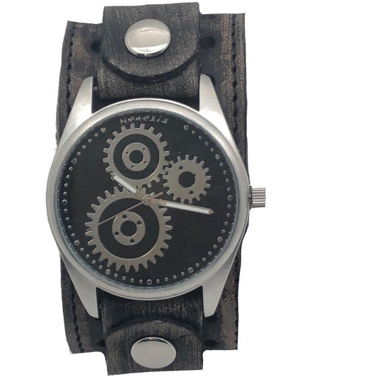 Geared Black Watch with Stitched Perforated Distressed Black Leather Cuff VBS112K