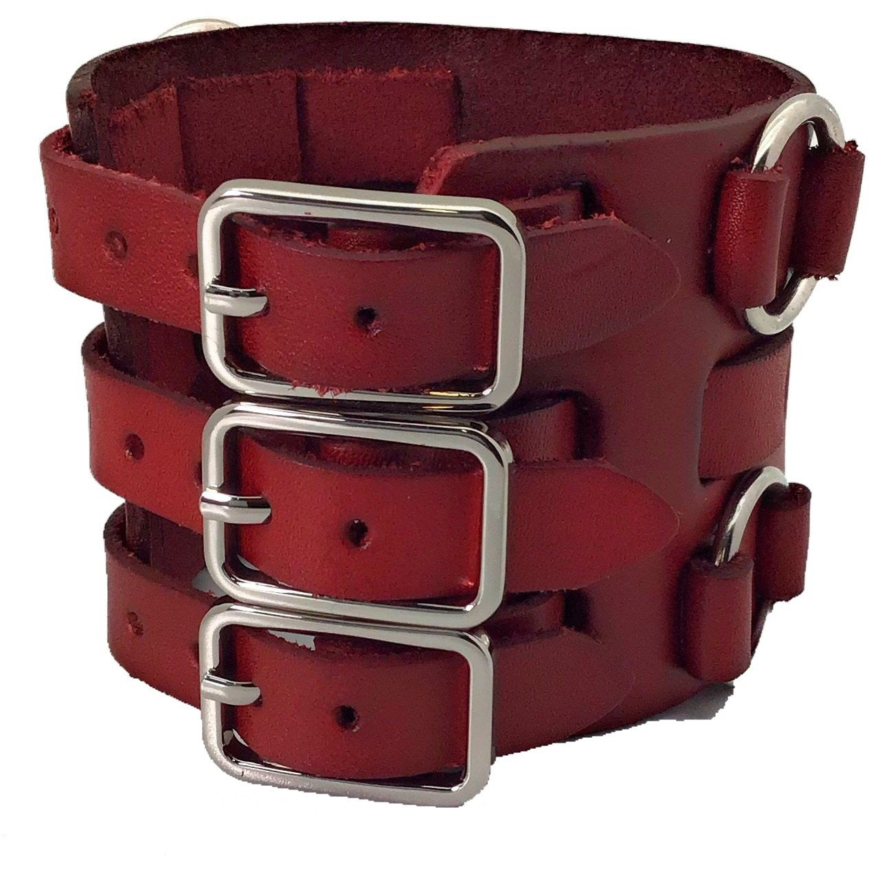 Double Ring Bullet Red Leather Triple Strap Cuff RWB