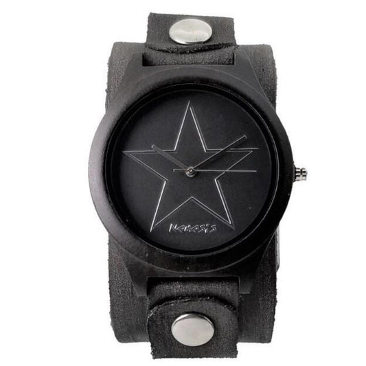 Star Black/Silver Natural Wood Watch with Distressed Black Leather Cuff